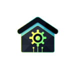 Logo estilizado de uma casa com elementos tecnológicos, simbolizando automação e inovação em sistemas de casas inteligentes, destacando o conceito de "online ágil".