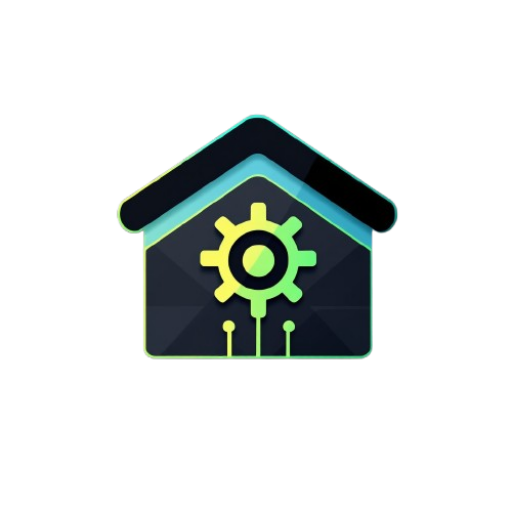 Logo estilizado de uma casa com elementos tecnológicos, simbolizando automação e inovação em sistemas de casas inteligentes, destacando o conceito de "online ágil".
