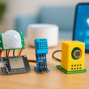Sensores Inteligentes com ESP32: montados em uma mesa, incluindo um sensor de movimento, sensor de temperatura e umidade, com um dispositivo smart home desfocado ao fundo.