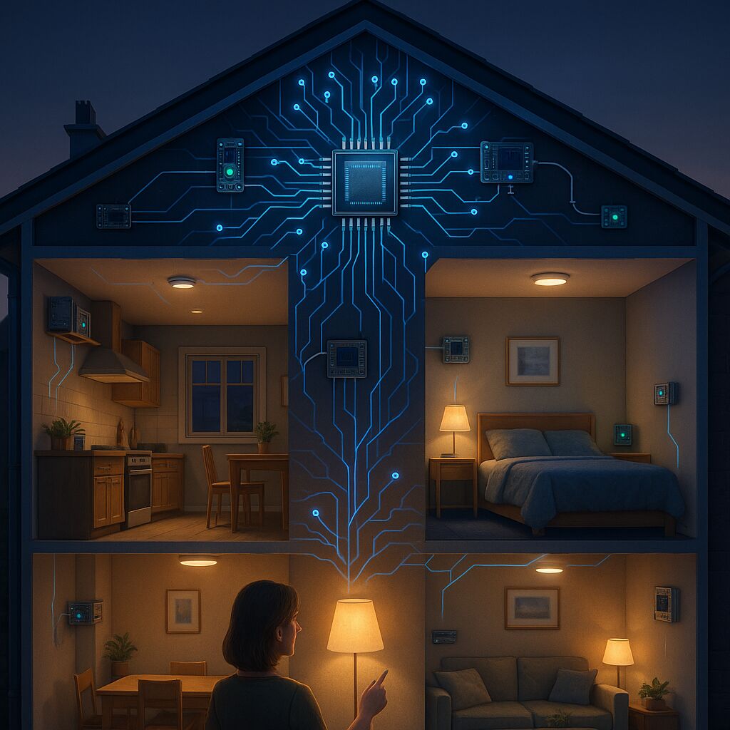 Ilustração de uma casa inteligente conectada a Automação Residencial Neuromórfica com circuitos digitais azuis que representam a integração de dispositivos IoT em diferentes cômodos, como cozinha, quarto e sala de estar.