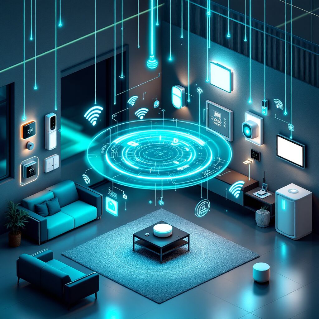 Imagem de uma sala de estar moderna com tecnologia holográfica, mostrando dispositivos inteligentes imaginando Protocolos de comunicação integrados em um ambiente de alta tecnologia iluminado por neon azul.