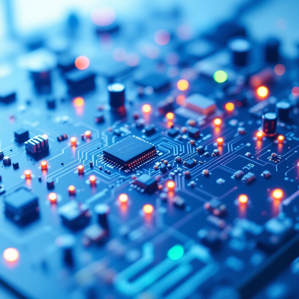 Automação Residencial explicando com Imagem de close-up de uma placa de circuito eletrônico com um microchip central, caminhos condutores e LEDs vermelhos e laranjas acesos.