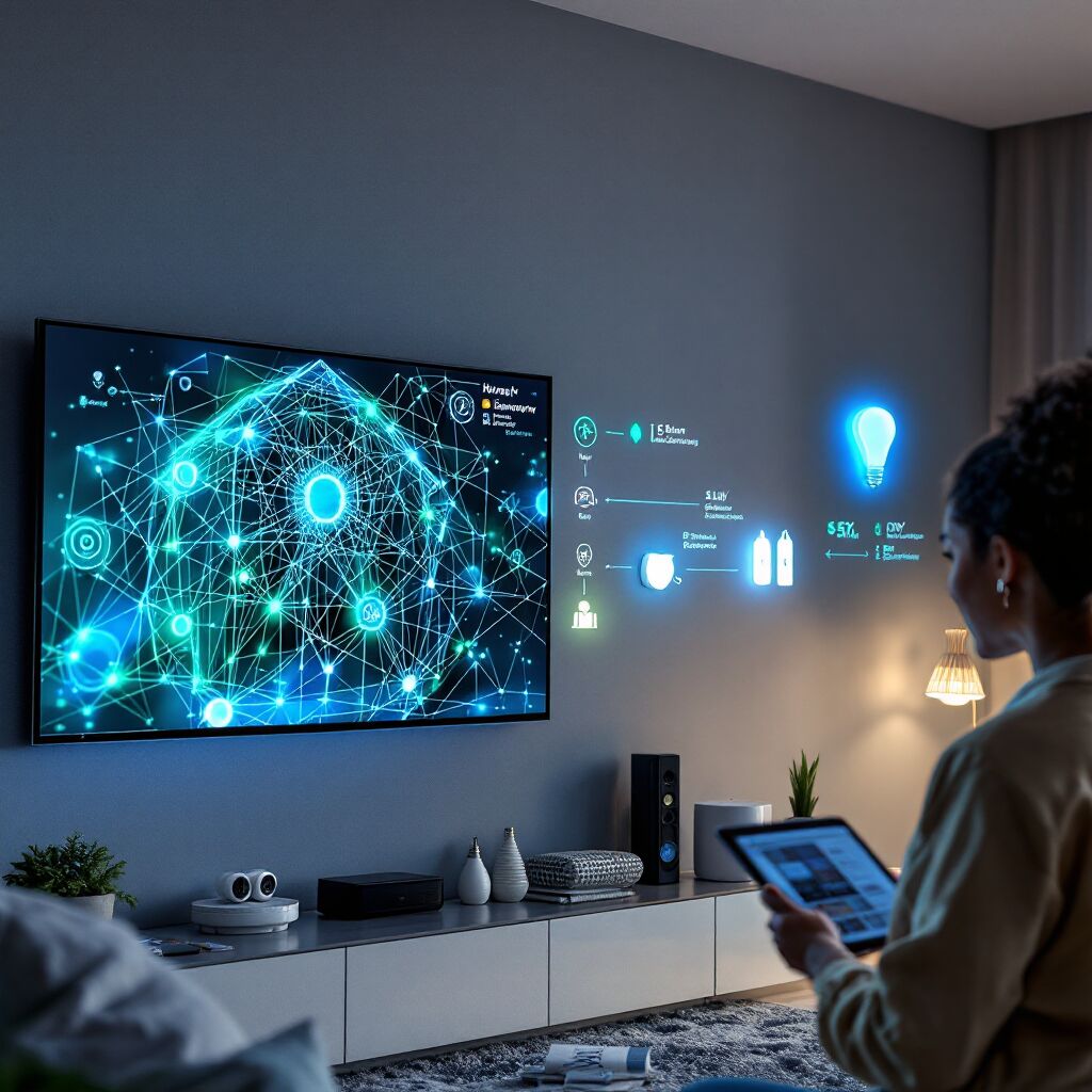 Uma mulher interage Planejando seu Sistema com um tablet em frente a uma tela grande, exibindo dados de um sistema doméstico inteligente, representado por uma rede de nós e linhas neon.