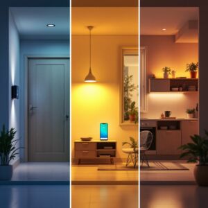Triptych de interiores com cenas iluminadas em azul frio, amarelo quente e laranja suave, ideal para otimização do orçamento inteligente.