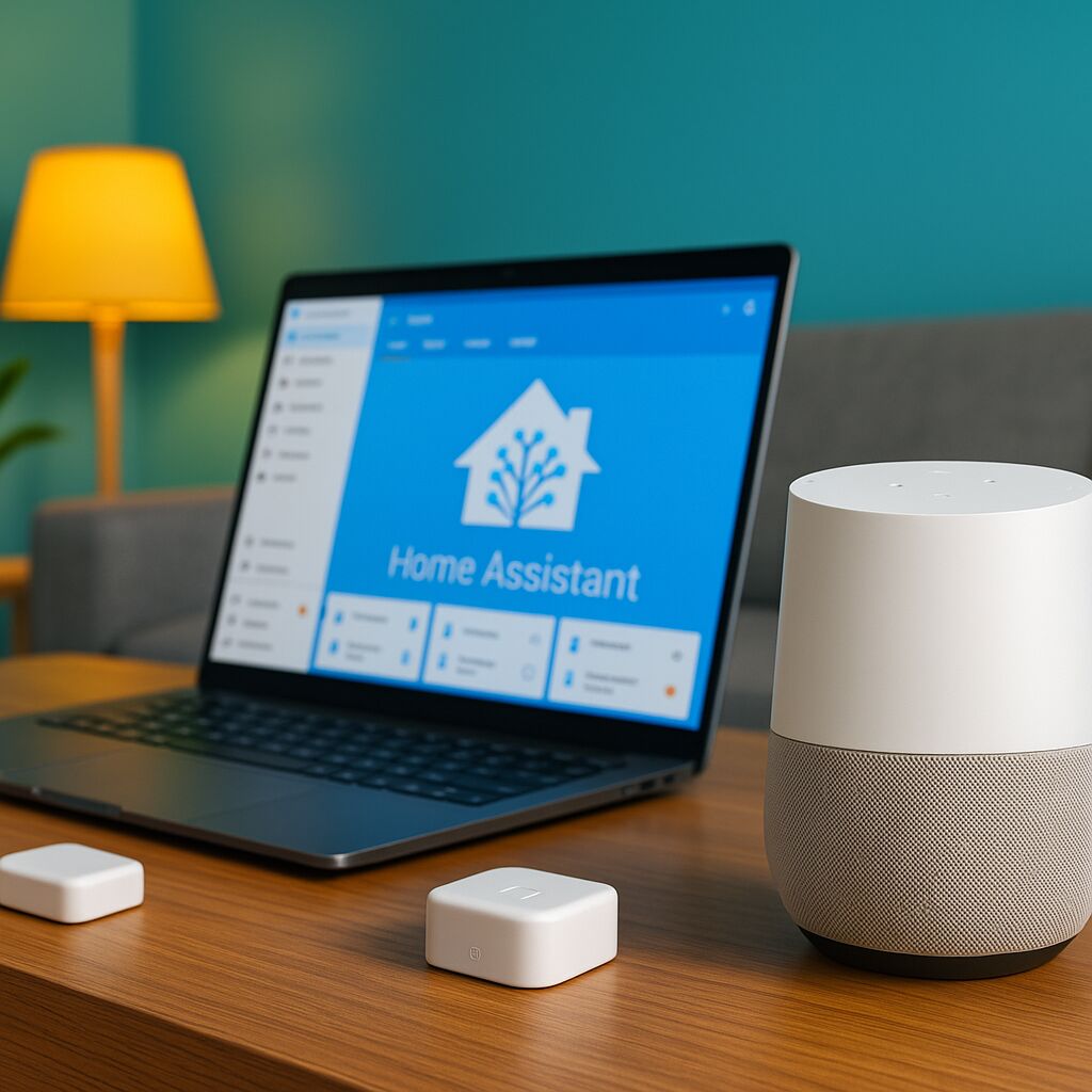Mesa moderna com laptop mostrando interface de Home Assistant, ao lado de alto-falante inteligente e dispositivos eletrônicos compactos.