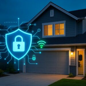 Segurança de casa inteligente moderna à noite com elementos digitais sobrepostos.