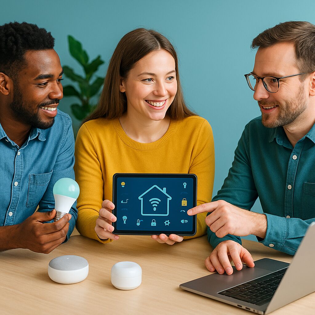Um grupo de comunidade diverso de quatro pessoas em um ambiente moderno de casa inteligente, interagindo com dispositivos eletrônicos e sorrindo em uma discussão colaborativa.