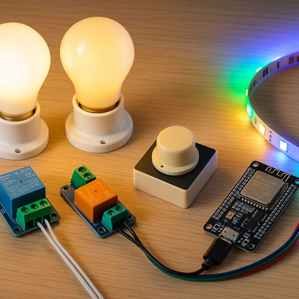 Componentes eletrônicos organizados sobre uma superfície de madeira, incluindo lâmpadas LED, módulos de relé, um microcontrolador Wi-Fi e uma faixa de luz LED, usados em projetos de iluminação inteligente e automação residencial.