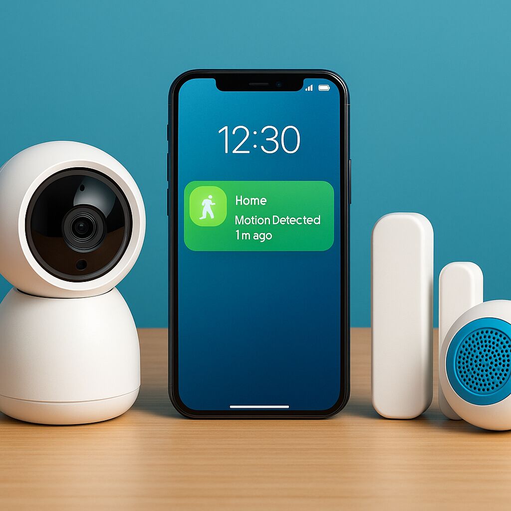 Uma configuração de sistema de segurança residencial DIY com dispositivos inteligentes exibida sobre uma superfície de madeira, com um smartphone ao centro mostrando um alerta de movimento.