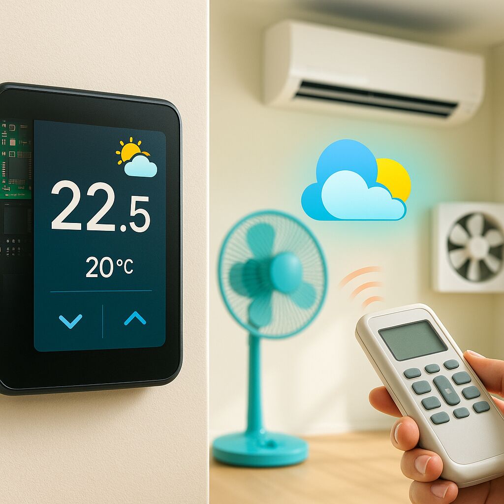 Imagem de um sistema de controle de clima DIY em uma casa moderna, apresentando um termostato inteligente e aparelhos de climatização como ar condicionado, ventilador e controle remoto.