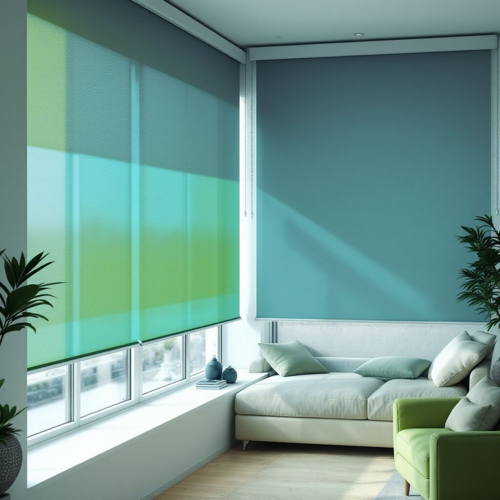 Uma sala de estar moderna com persianas semi-translúcidas e automação de cortinas e persianas, irradiando luz suave.