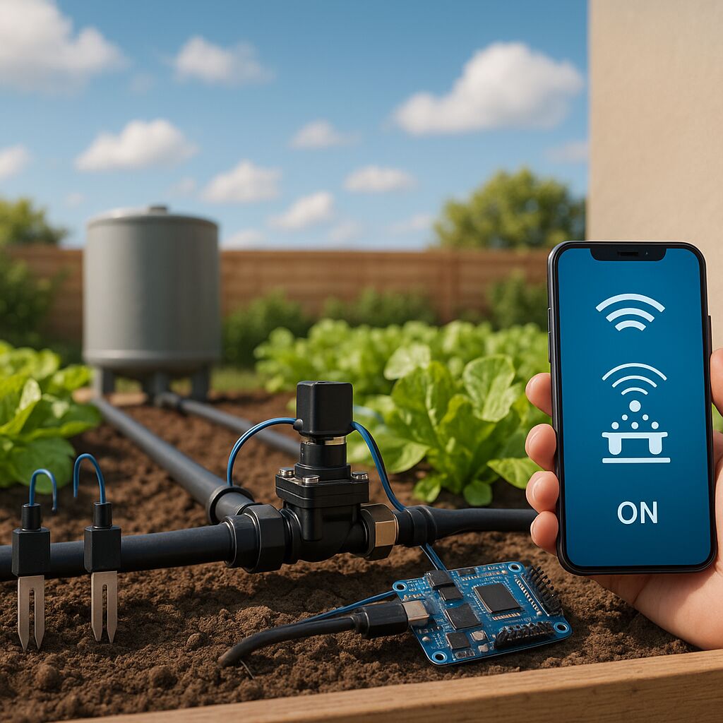 Imagem de um sistema de irrigação inteligente em operação em um jardim, com controle via smartphone, sensores de umidade no solo e vegetação saudável.