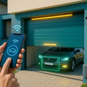 Imagem de um cenário de automação residencial mostrando o controle de um portão e garagem automatizados via aplicativo móvel.