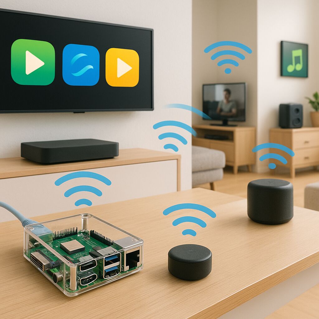 Sala de estar com dispositivos de tecnologia inteligente e central multimídia exibindo conexões sem fio.