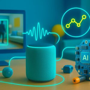 Smart speaker e circuito de IA em mesa de madeira com gráfico de dados neon ao fundo, em ambiente de IA Residencial.