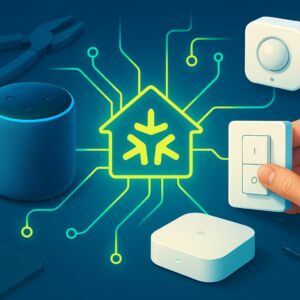 Diagrama de automação residencial com dispositivos inteligentes conectados via circuitos neon e ícones de casa e floco de neve.