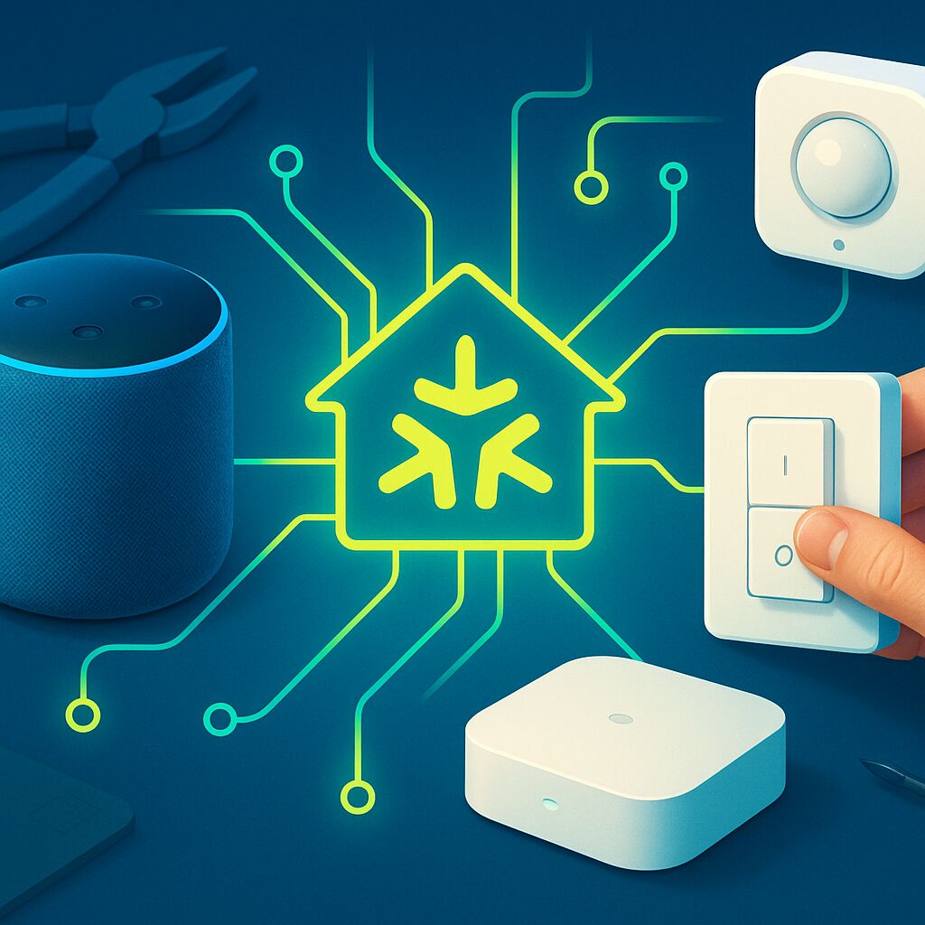 Diagrama de automação residencial com dispositivos inteligentes conectados via circuitos neon e ícones de casa e floco de neve.