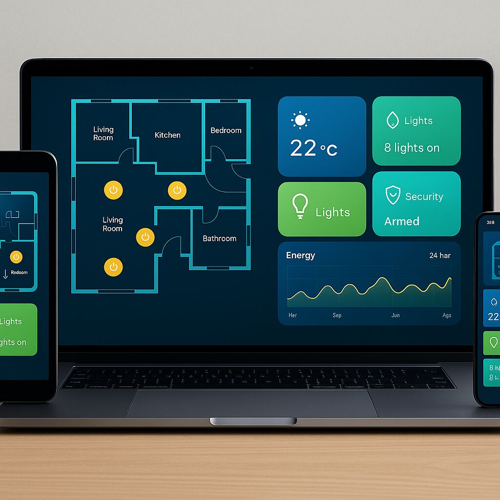 Interface de controle de uma casa inteligente exibida em dispositivos como laptop, tablet e smartphone, imitando Dashboards Profissionais.