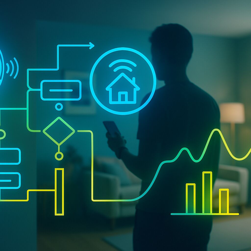 Homem interage com tecnologia Automação Contextual de casa inteligente em um ambiente moderno e futurista.