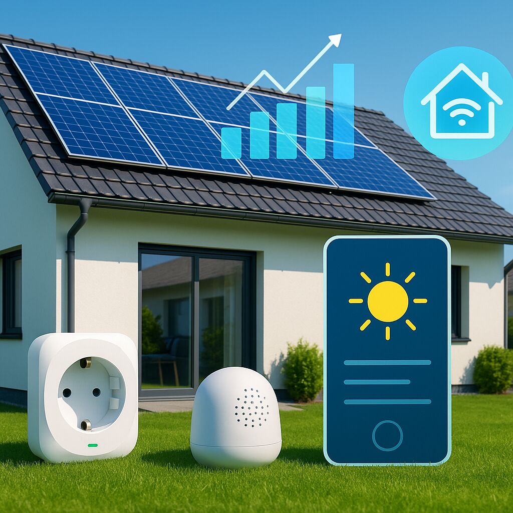 Imagem de uma casa moderna e eficiente em energia solar, equipada com painéis solares no telhado, cercada por dispositivos inteligentes que representam uma casa conectada.