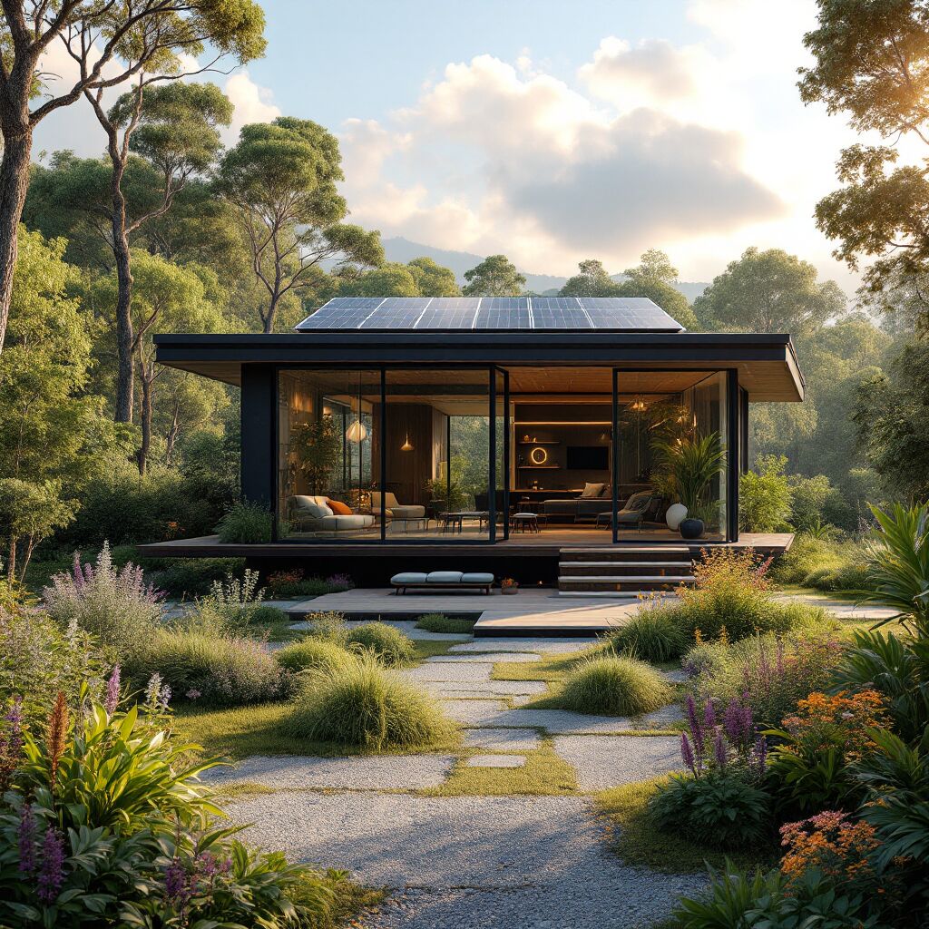 Imagem de uma casa off-grid moderna, situada em um ambiente florestal verdejante, com design minimalista e painéis solares no telhado.