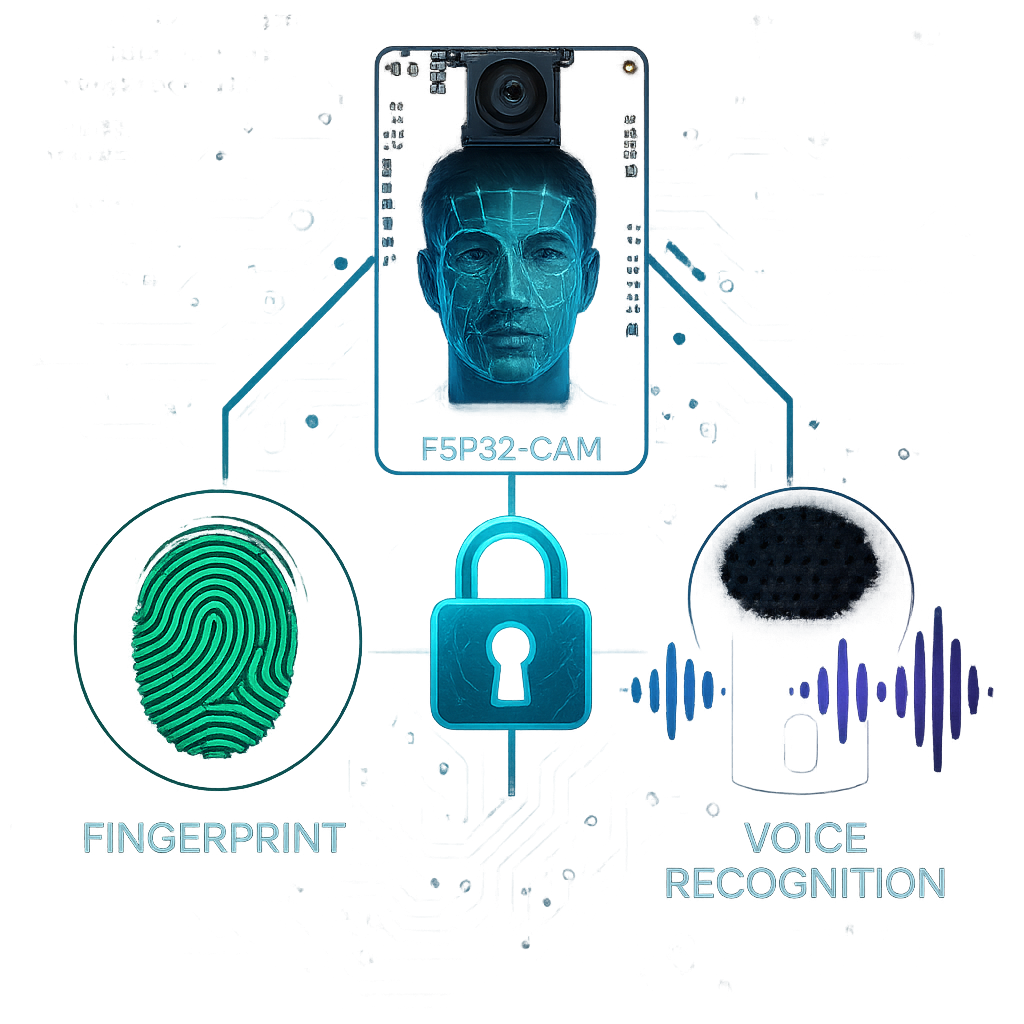 Imagem futurista mostrando sistemas de segurança biometria e reconhecimento integrados com reconhecimento facial, impressão digital e reconhecimento de voz em um design tecnológico iluminado.