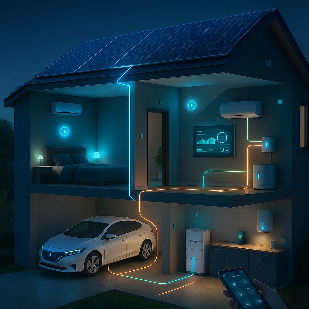 Imagem de uma casa moderna de dois andares à noite, destacando sistemas inteligentes e eficiência energética, como painéis solares e um carro elétrico.