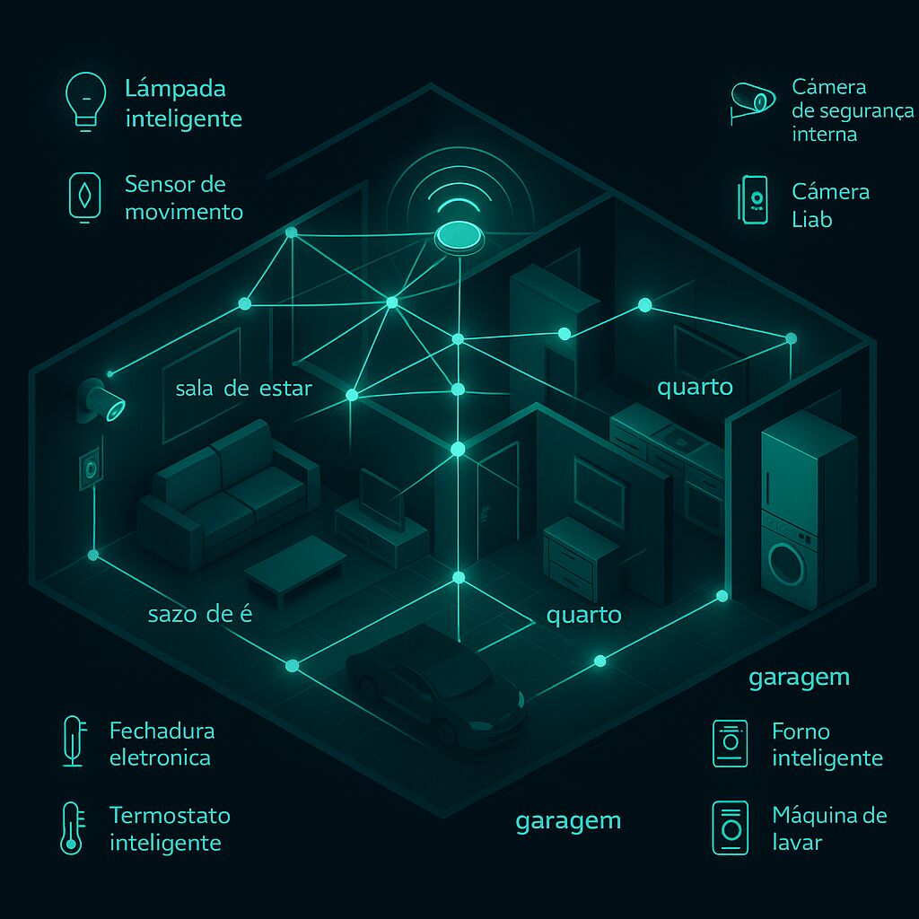 Imagem conceitual de uma casa inteligente em 3D, ilustrando uma rede de dispositivos conectados por redes mesh, incluindo sensores de movimento, câmeras e eletrodomésticos distribuídos em vários cômodos.