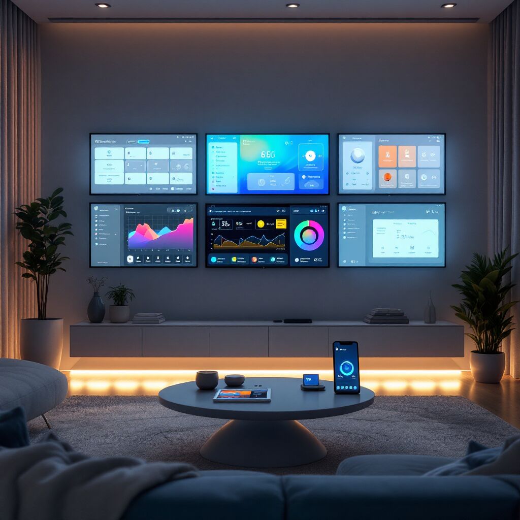 Sala moderna com iluminação ambiente e múltiplas telas exibindo gráficos, dados e interfaces de controle em um painel de parede.